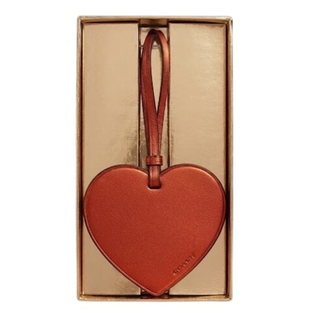 Coach Metallic Leather Heart Luggage Tag Burnt Orange Bag Charm New in Box